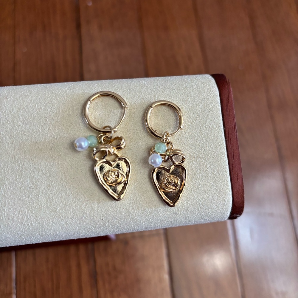 Gold Tone Heart Charm Hoop Earrings with Beads